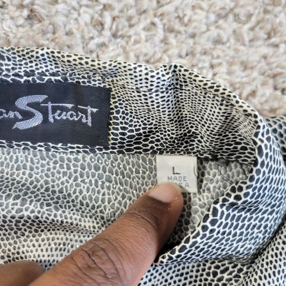 Vintage Alan Stuart Shirt Mens Large Gray Geometric Polyester Button Up Staining - Picture 2 of 7